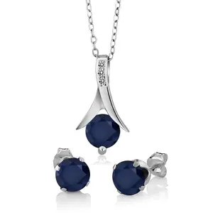 925 Sterling Silver Blue Sapphire and White Diamond Pendant and Earrings Jewelry Set For Women (3.05 Cttw, with 18 Inch Silver Chain)