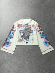 Men’s and women’s, Unisex, Y2K gothic-style graffiti flared sleeves long-sleeved tops, vintage distressed prayer hands and flower pattern print long-sleeved T-shirts, streetwear, perfect for casual wear during spring