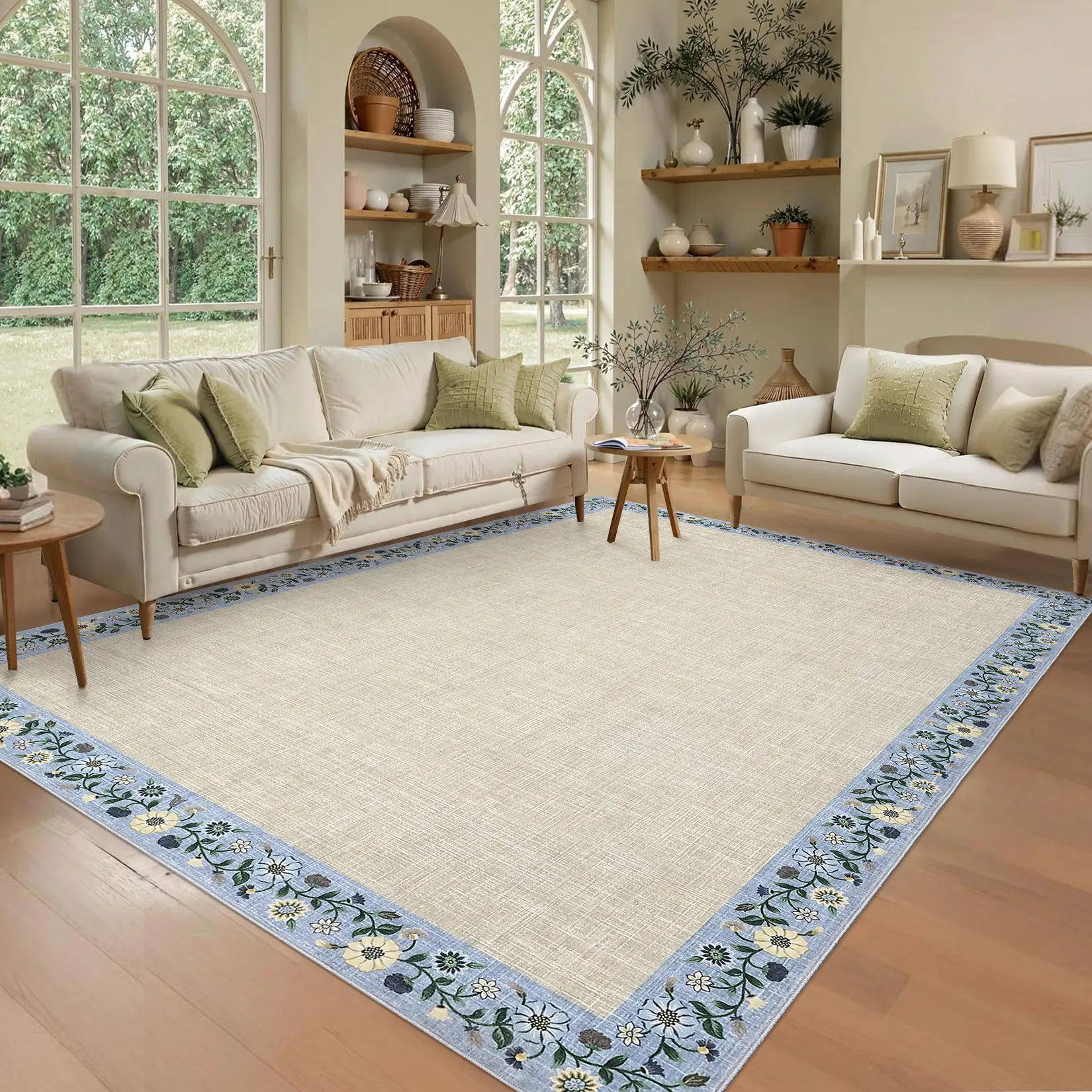 Farmhouse Floral Rug Washable Border Carpet Soft Non-linting Foldable Indoor Decorative Area Rug for Bedroom Hallway Living Room Office Kitchen