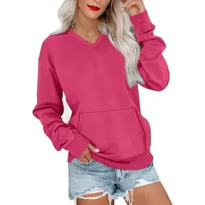 Women’s V-neck sweatshirt, no hood, pocketed, oversized, comfy hoodie, Y2K soft plain fleece pullover, cute sweatshirts, can be worn with a raincoat
