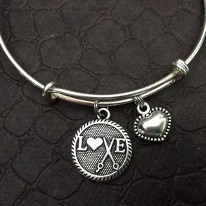 LOVE Hair Stylist or I Love to Sew Charm on a Silver Expandable Adjustable Bangle Bracelet Gift