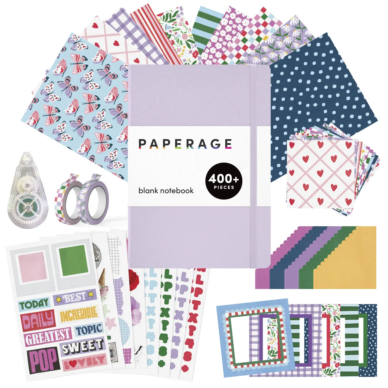 PAPERAGE Junk Journal & Scrapbooking Kit, Hardcover Blank Journal Notebook, 20 Patterned Papers, 8 Sticker Sheets, 20 Die-Cut Shapes, 2 Washi Tapes & Tape Roller