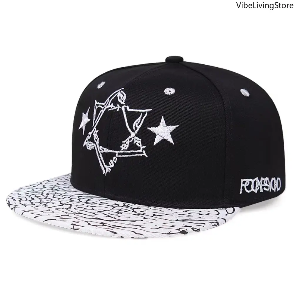 5-Pointed Star Embroidered Snapback Hat, Unisex Street Style Flat Brim Baseball Cap for Outdoor Sports & Casual Wear, Snapback Hats, Street Style Cap, Streetwear Cap, Black Snapback Cap