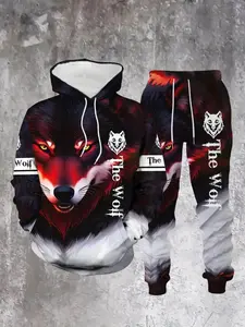 Men's Wolf Pattern Sporty Fitted Long Sleeve Hoodie Set, Comfortable Casual Fall Winter, All over Print Regular Length Tops