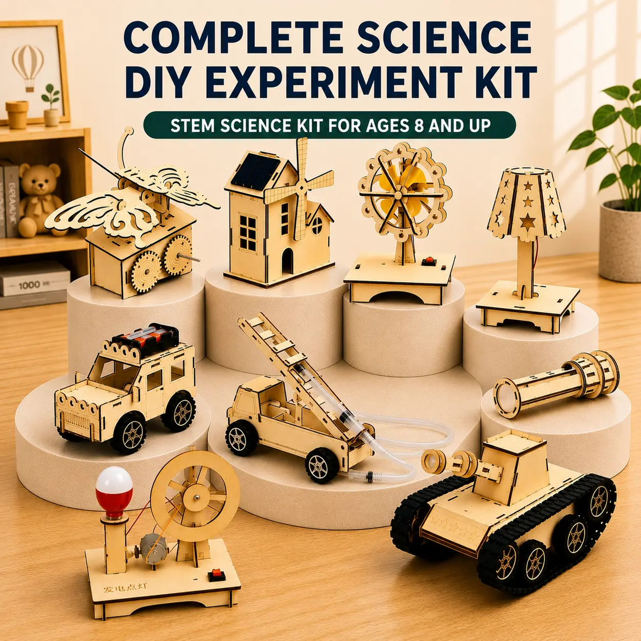 Wooden DIY Assembly Toy Kit - 3 Series (Vehicles, Light-Up Models, Home Decor Ornaments) | Solar Powered Renewable Energy STEM Physics Hands-On Models, Boosts Scientific Curiosity & Improves Focus for Kids Ages 8+, Improve Focus
