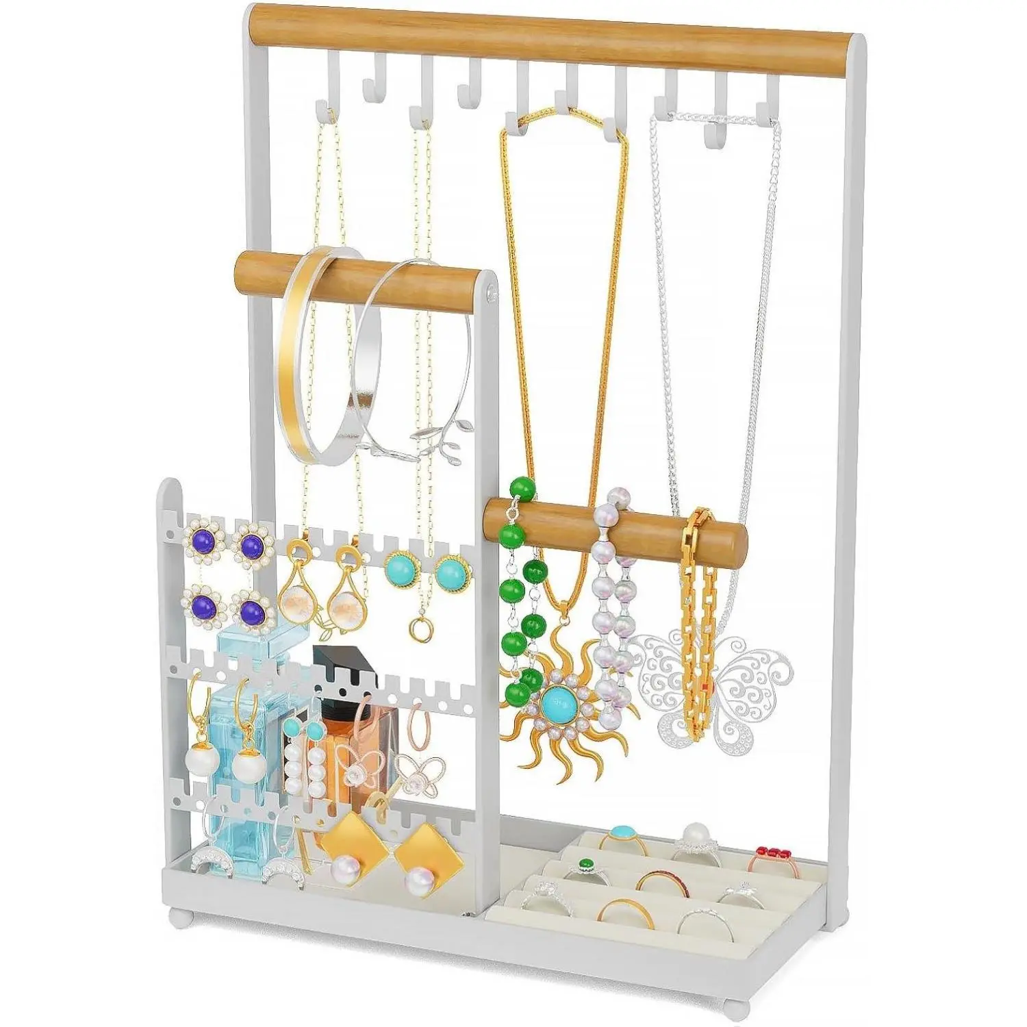 Jewelry Holder Organizer Stand, Jewelry Display Rack with 36 Holes Earring Holder, 10 Hooks Necklace Organizer, Velvet Ring Holder Dish, Birthday Gifts Ideas for Mom Women Room Decor