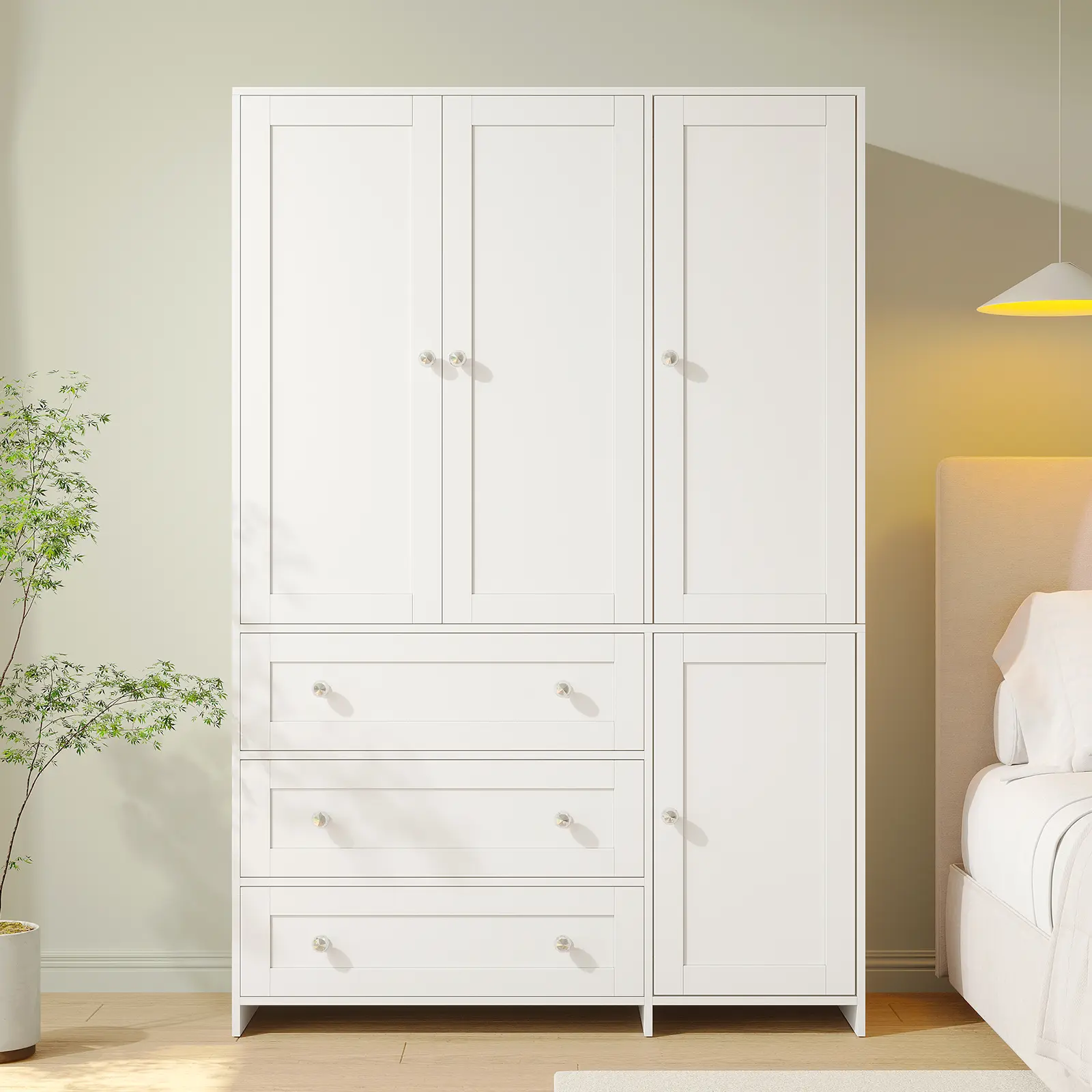 VOWNER Freestanding Wooden Wardrobe Closet Armoire Storage Cabinet 3 Doors with Hanging Rod Bedroom Large Capacity Tall Armoire Organizer with Shelves