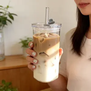 Square Glass Cup Set with Leak-Proof Lid and Straw, Reusable Coffee Mug, Heat Resistant Single Layer Juice Cup, Home Use, Leakproof Straw Cup