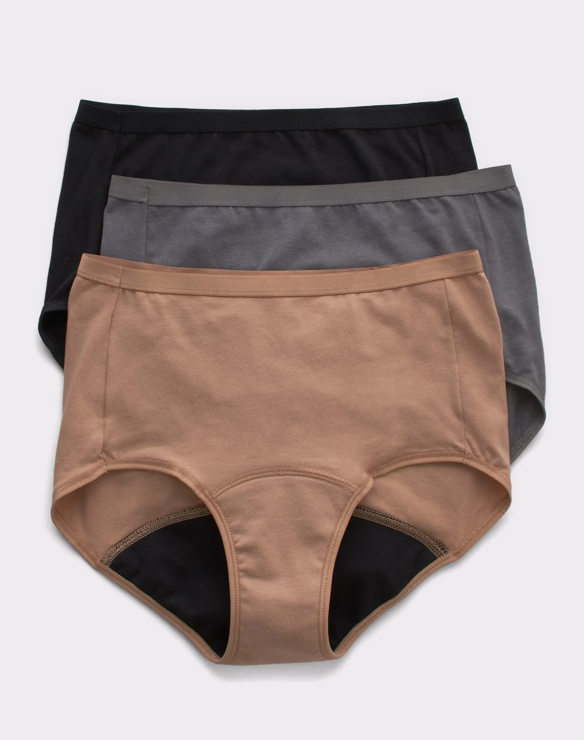 Hanes Comfort Period. Women's Brief Underwear Moderate Leaks Neutrals 3-pack Multi Pack Comfortable Fit Soft Stretch Fabric Breathable Fd40as