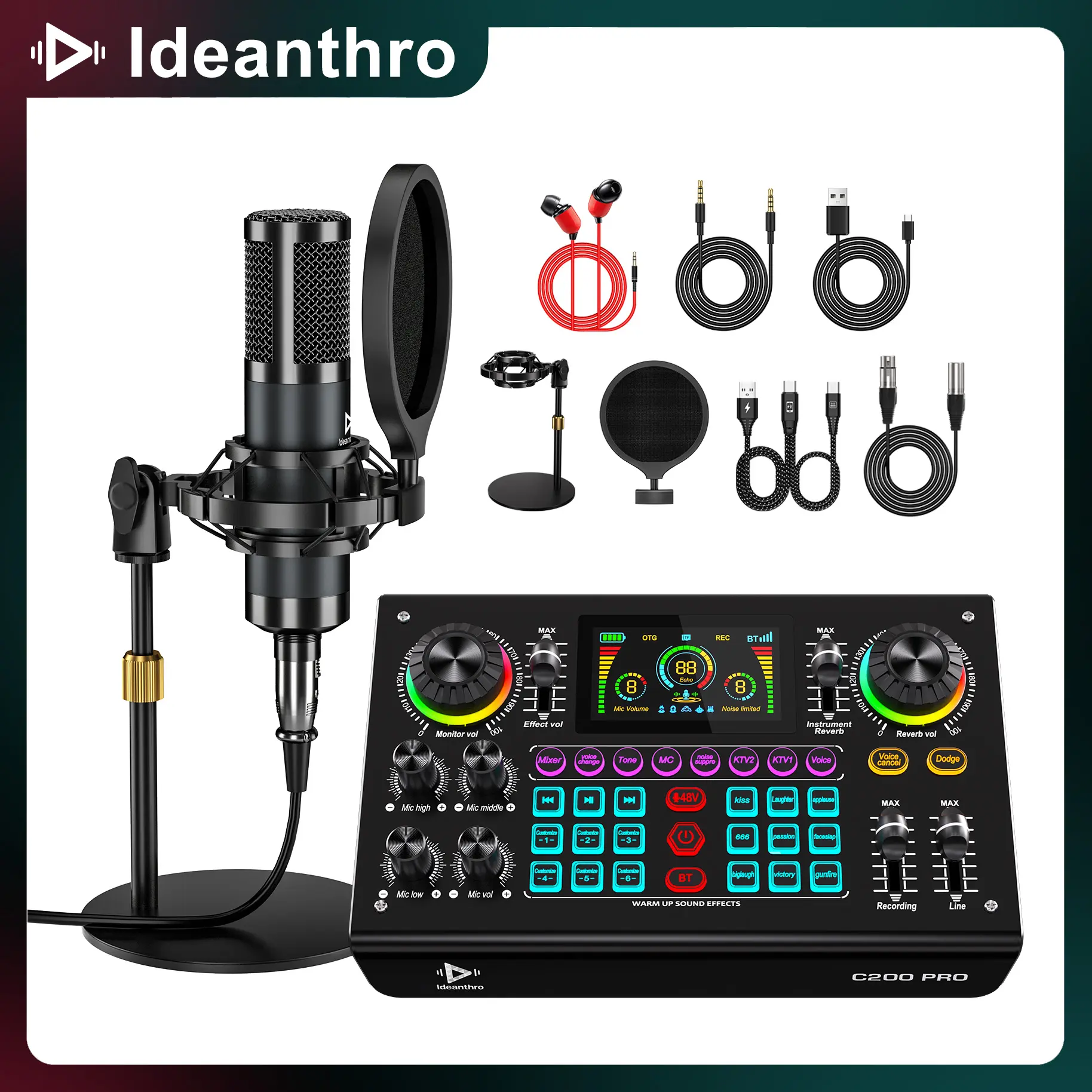 【Live】Ideanthro C200 PRO-P15 Sound Card Kit Dual-core DSP Audio Mixer with Dual Microphone & Headphone Connectivity Adjustable Tone Voice Changer for PCs & Mobile Devices