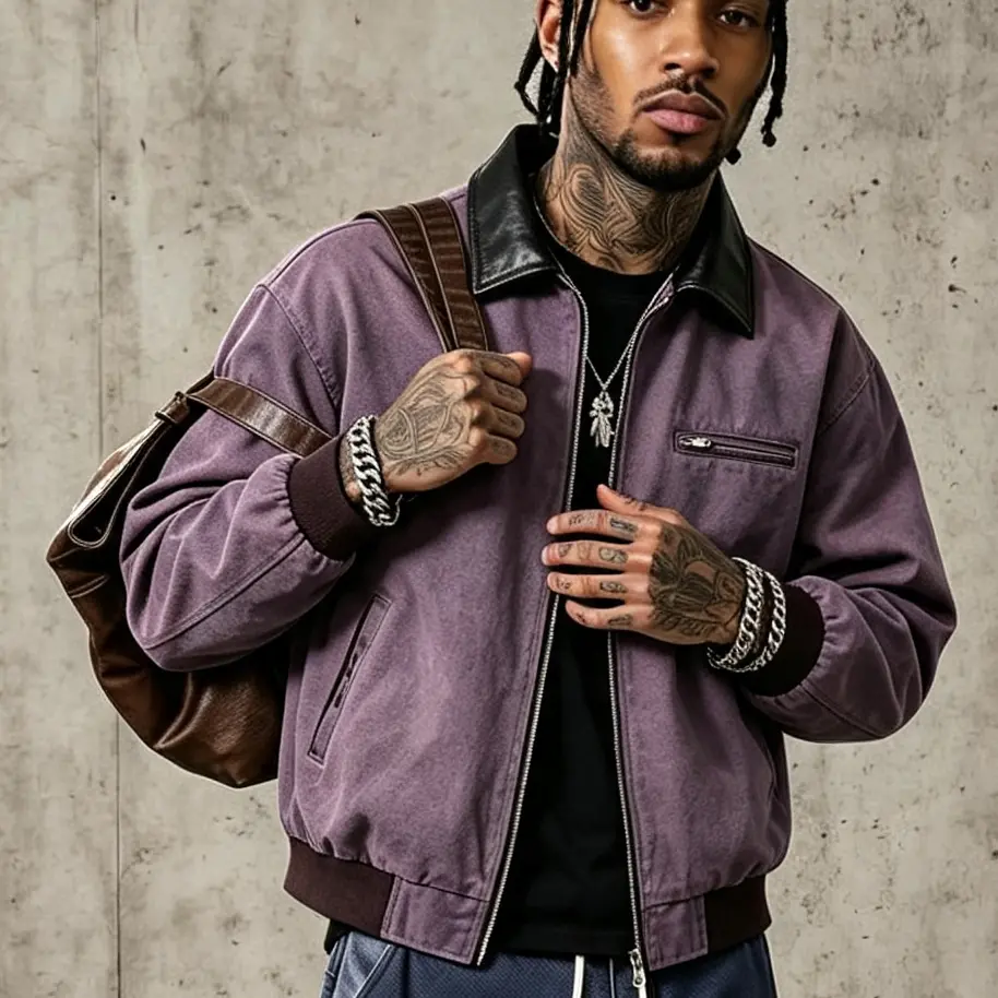 Men’s Retro Washed Purple Leather Bomber Jacket - Leather Lapels, Ribbed Cuffs, Oversized Cut, Casual Wear, Pull-On, Hip-Hop Streetwear, Multiple Pockets