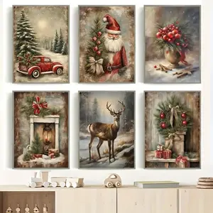 6pcs/set Frameless Vintage Christmas Prints Canvas Posters, Winter Wall Art, Santa Claus Prints, Farmhouse Christmas Decorations, Ideal Gifts, Unframed Wall Art, Unframed Painting