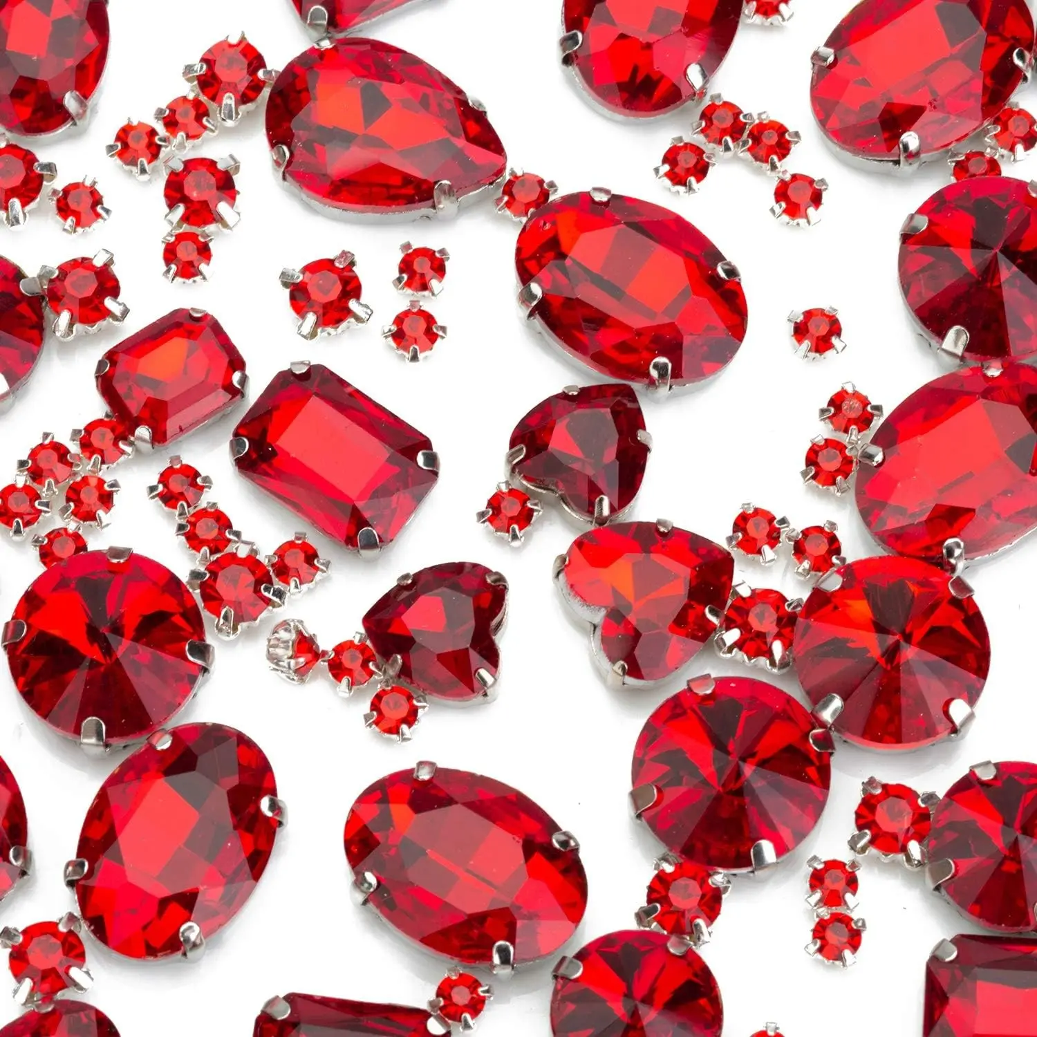 Sew On Rhinestones, 130PCS Red Sew On Stone Metal Back Prong Setting Sewing Claw Rhinestone Mix Shapes Sew On Glass Gems for Jewelry, Clothes, Costume, Shoes, Belt, Dress, Garments and Crafts