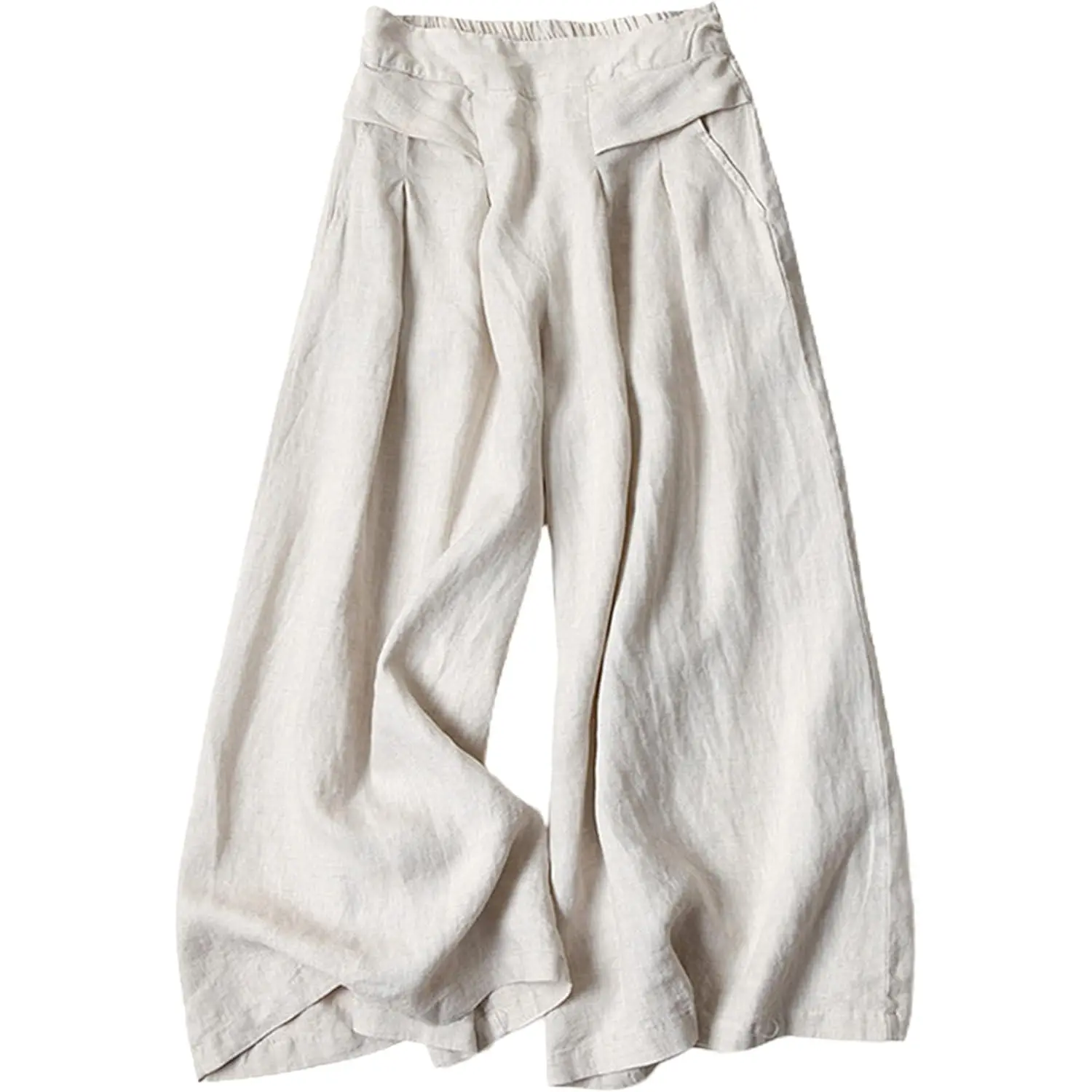 Women's Soft Cotton-Linen Wide Leg Culottes - Basic Flowy Drape Fit, Elastic Waist, Pockets, Casual Flat Women's Bottoms (Tank Top Pairing Compatible), Linen Wide Leg Pants, Machine Wash Cold, Functional Pockets, Lady, Linen Vibes, Pull On