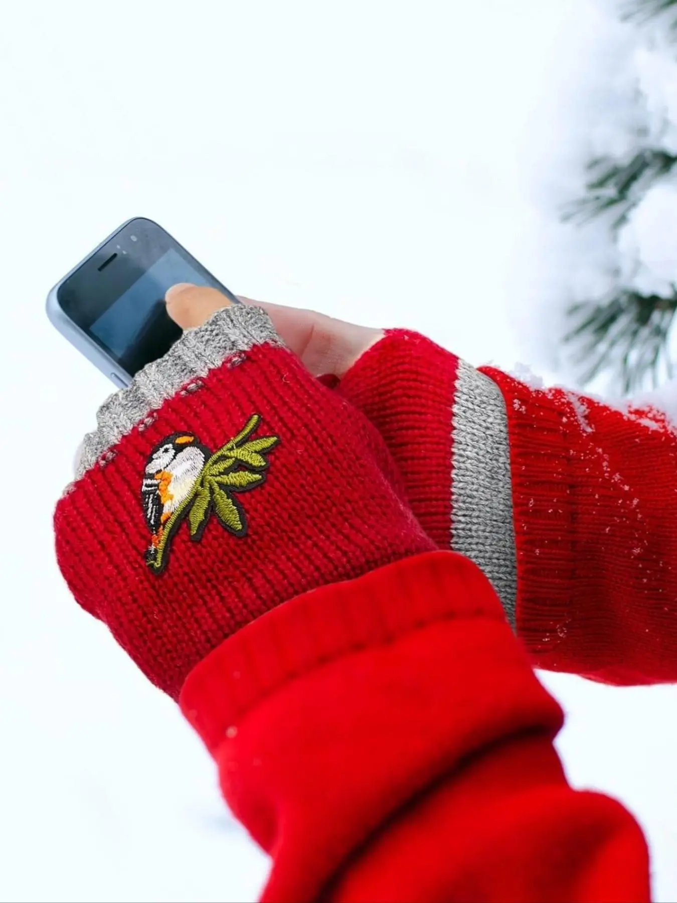 Cute Bird Embroidery Design Fingerless Gloves, Casual Warm Knitted Gloves for Fall & Winter, Fashion Accessories for Women & Girls