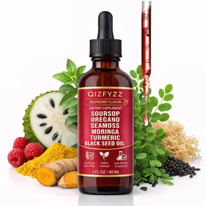Soursop Bitter Liquid Drops (10-in-1 Formula), containing Seaweed, Moringa, Turmeric, Black Seed Oil, Oregano, and Ashwagandha | Herbal Extracts for Comprehensive Health Support | Vegan, Non-GMO | 2 fl oz (Raspberry Flavor)
