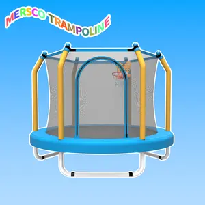 MERSCO Mini Round Trampoline for Kids 55" with Basketball Hoop Safety Enclosure Net Durable Steel Frame Indoor Outdoor Use Yellow & Blue, Bounce, Toddler Trampoline, Safety Net