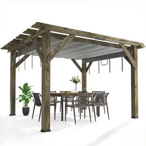 GARVEE 10 X 12 Ft Wood Pergola with Retractable Sunshade Canopy, Solid Structure, Outdoor Pergola for Deck, Garden, Backyard - Charcoal Gray