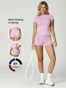 Women's 2-Piece Workout Set - Crew Neck Short Sleeve Top & High Waist Athletic Shorts - Tummy Control Slim Fitted Stretchy Gym Clothes for Running & Fitness