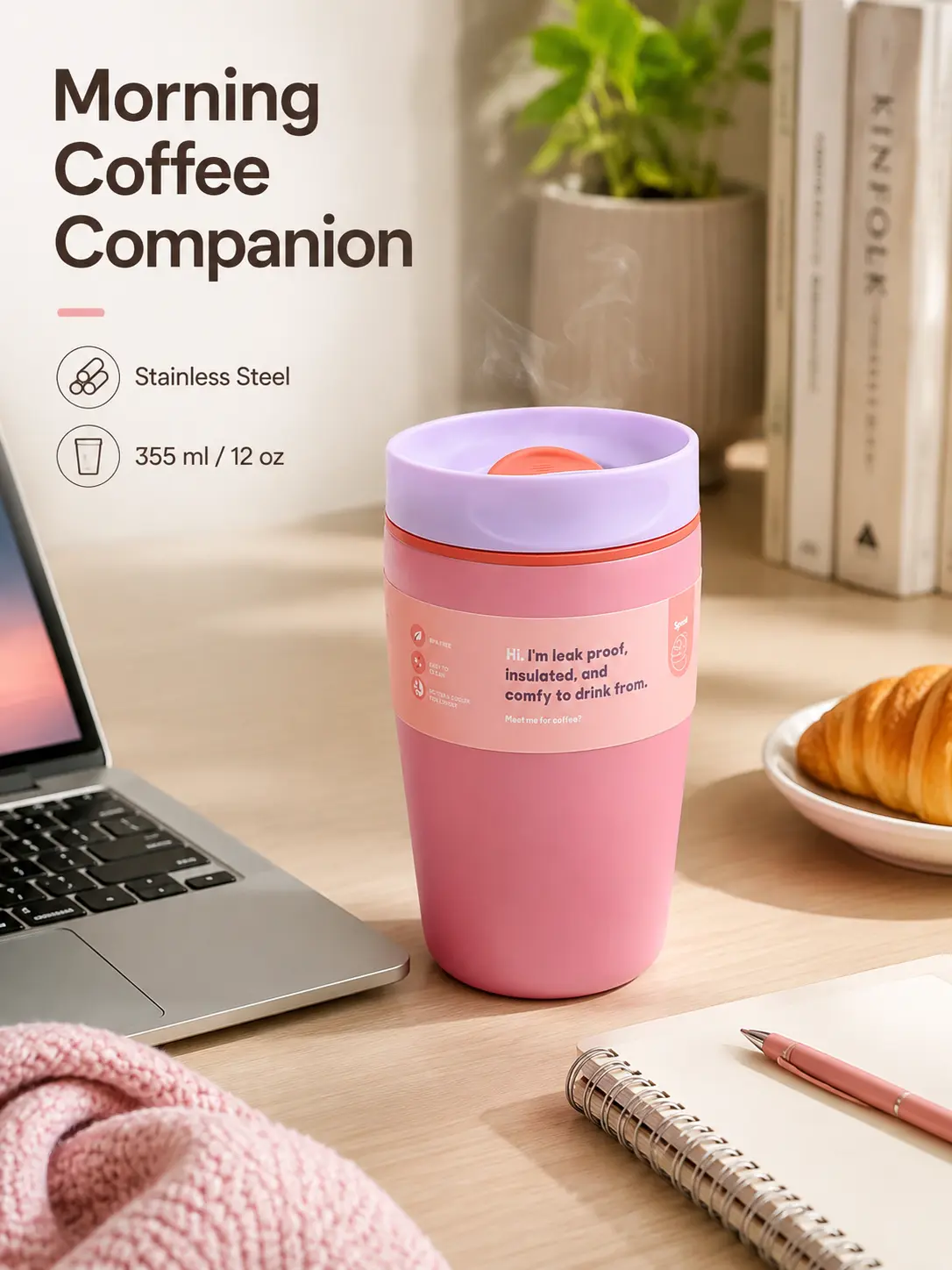 1-pack 12 oz / 355 ml stainless steel travel insulated tumbler with lid, leakproof coffee cup, reusable portable travel mug suitable for hot and cold drinks, office, car, travel, and everyday use Drinkware Flasks
