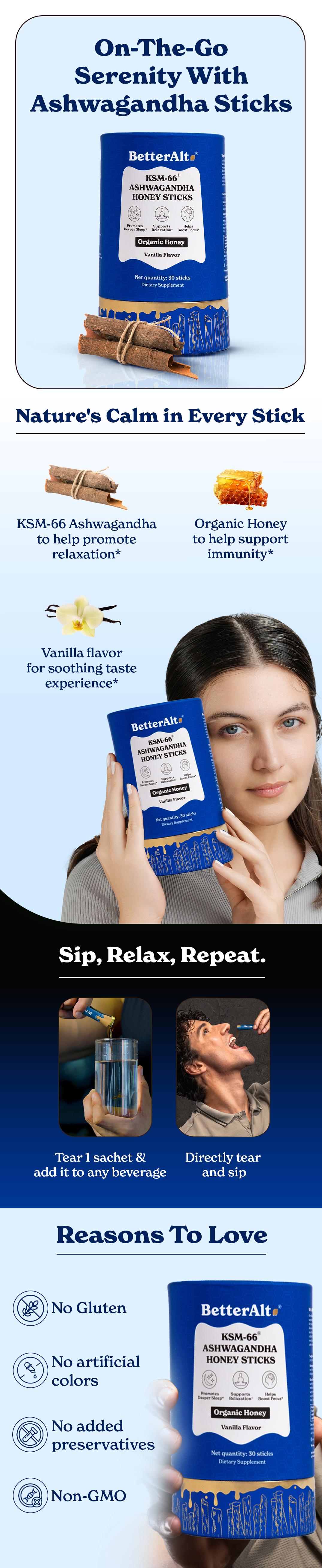 BetterAlt KSM-66 Ashwagandha Honey Sticks | Organic Multiflora Himalayan Honey | For Relaxation, Focus | 1 Month Pack Dietary Supplement