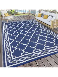 Dark blue and white-9*12 feet Waterproof Outdoor Area Rug Modern Plastic Straw Camping Stain Resistant Carpet Geometric Reversible Floor Mat UV-Resistant Light Weight Portable Indoor Outdoor Area Rug For Backyard Deck Picnic Porch Beach RV Trip