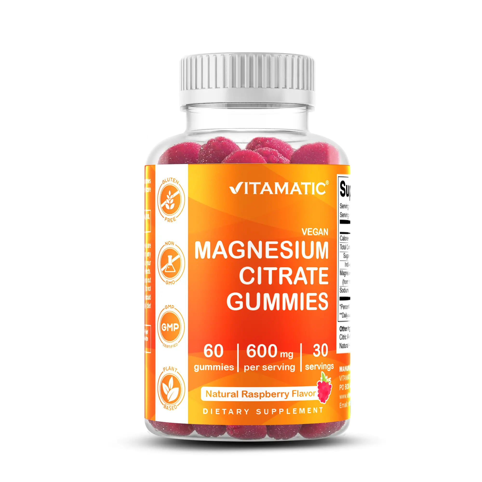 Vitamatic 600mg Magnesium Citrate Chewable Dairy-Free Daily Wellness Gummies, 60 Vegan Energy Gummy Mineral Supplements, Natural Raspberry Flavor, US-Made for Youth Immune Support