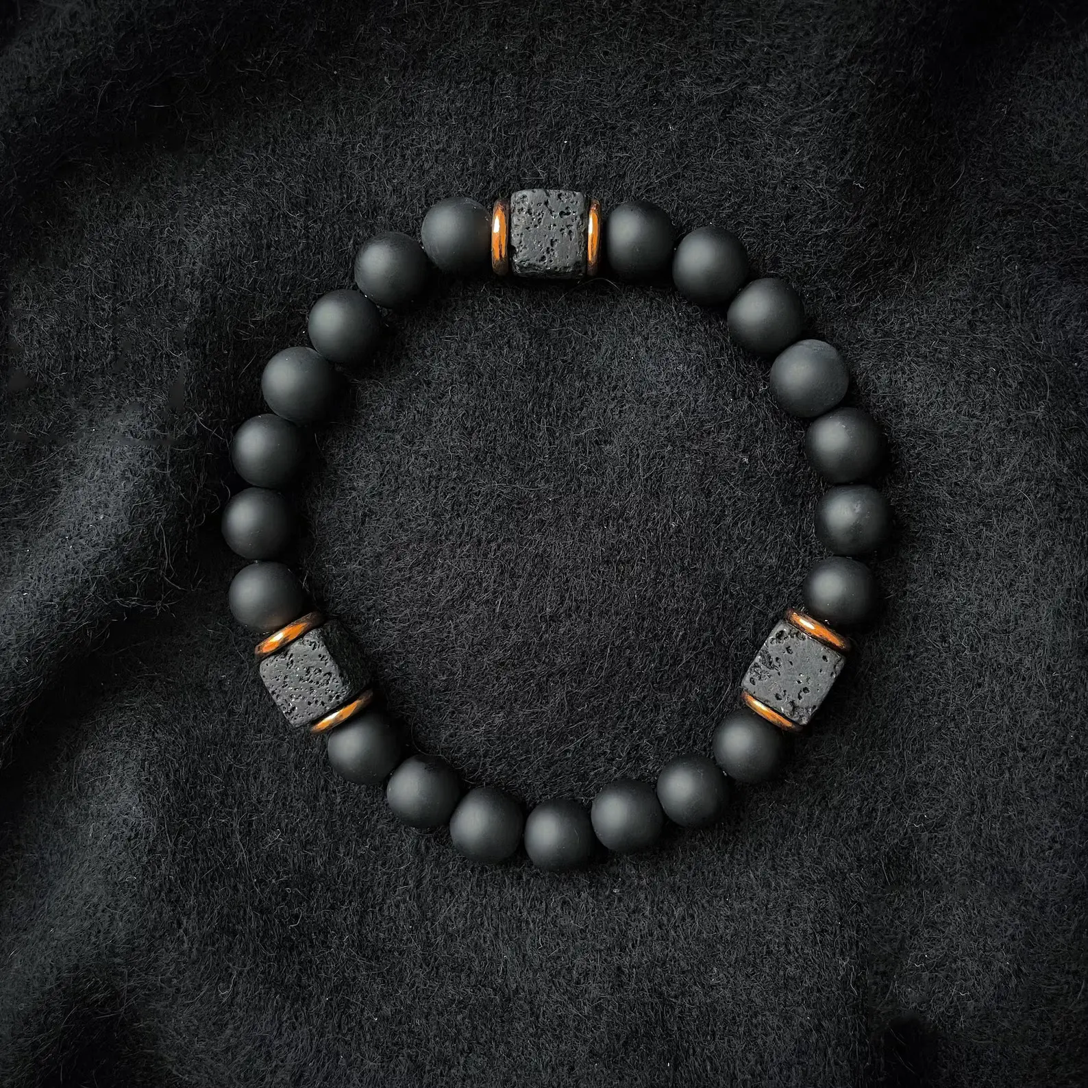 Men's 8mm Matte Black Onyx-Lava Rock Beaded Handmade Stretch Crystals Bracelet, Grounding Protection Natural Crystal Jewelry Gift for Christmas, Birthday, Transformation for Adults
