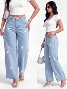 Women's High-Waisted Straight-Leg Button Fit Jeans, Rhinestone Embellished Denim Jeans Pants, Fashionable Commuter Streetwear for Ladies, Trendy Long Leggings, Womenswear