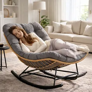 Oversized Indoor Outdoor Rocking Chairs, Comfy Papasan Rocking Chair with Padded Cushion, Rattan Wicker Lounge Chair, Modern Reading Accent Chair for Balcony Garden, LivingRoom Furniture
