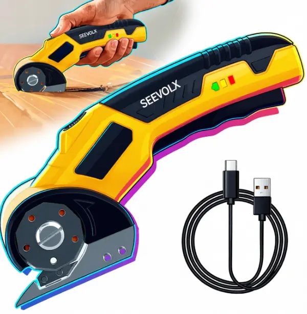 4V Rechargeable Cordless Electric Box Cutter, Safety Lock and LED Light, Versatile Cutting Tool for Carton, Carpet, Plastic, Fabric & Leather