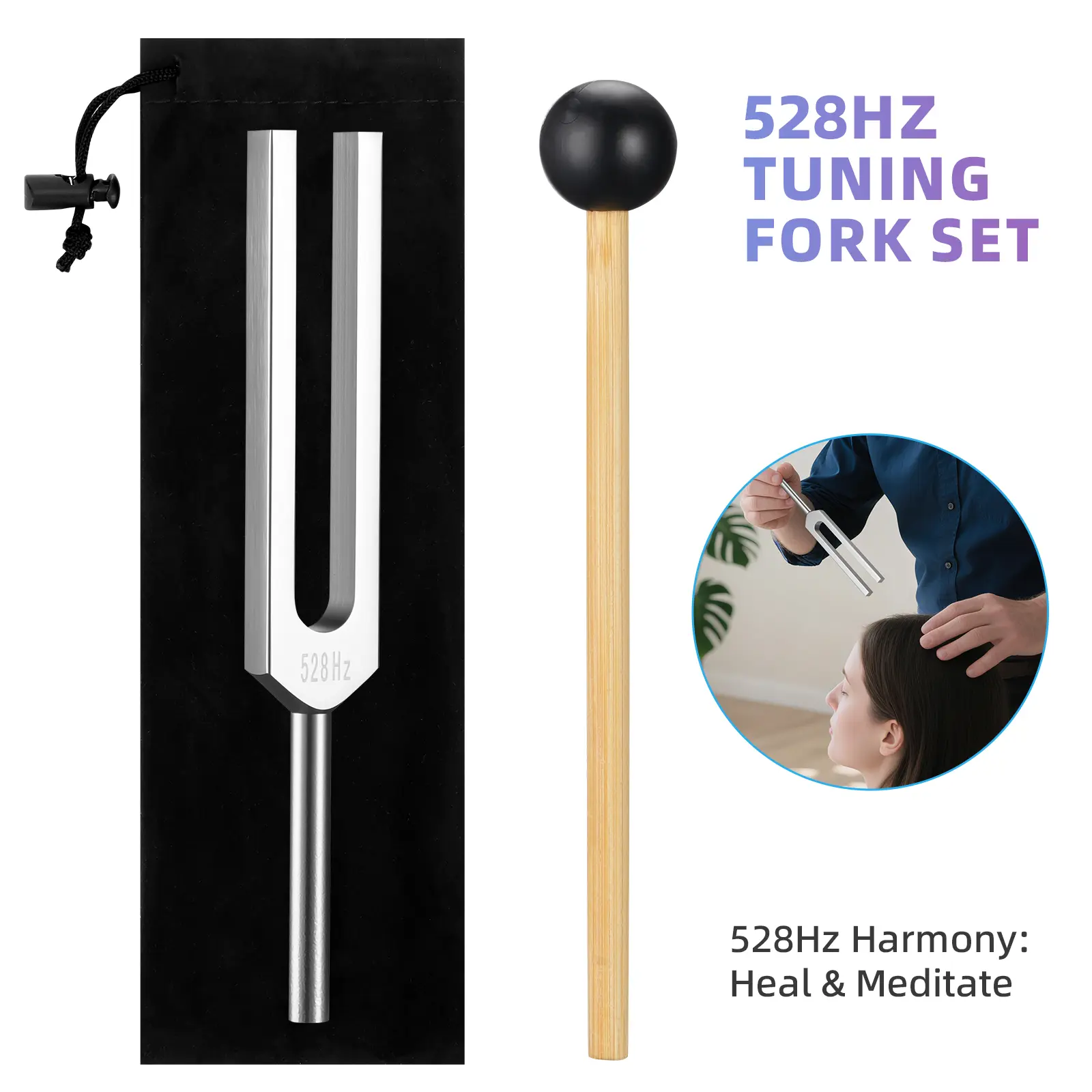 POGOLAB Tuning Fork 528Hz with Percussion Hammer Mallet & Storage Pouch Sound Therapy Instrument for Chakra/Yoga/Meditation