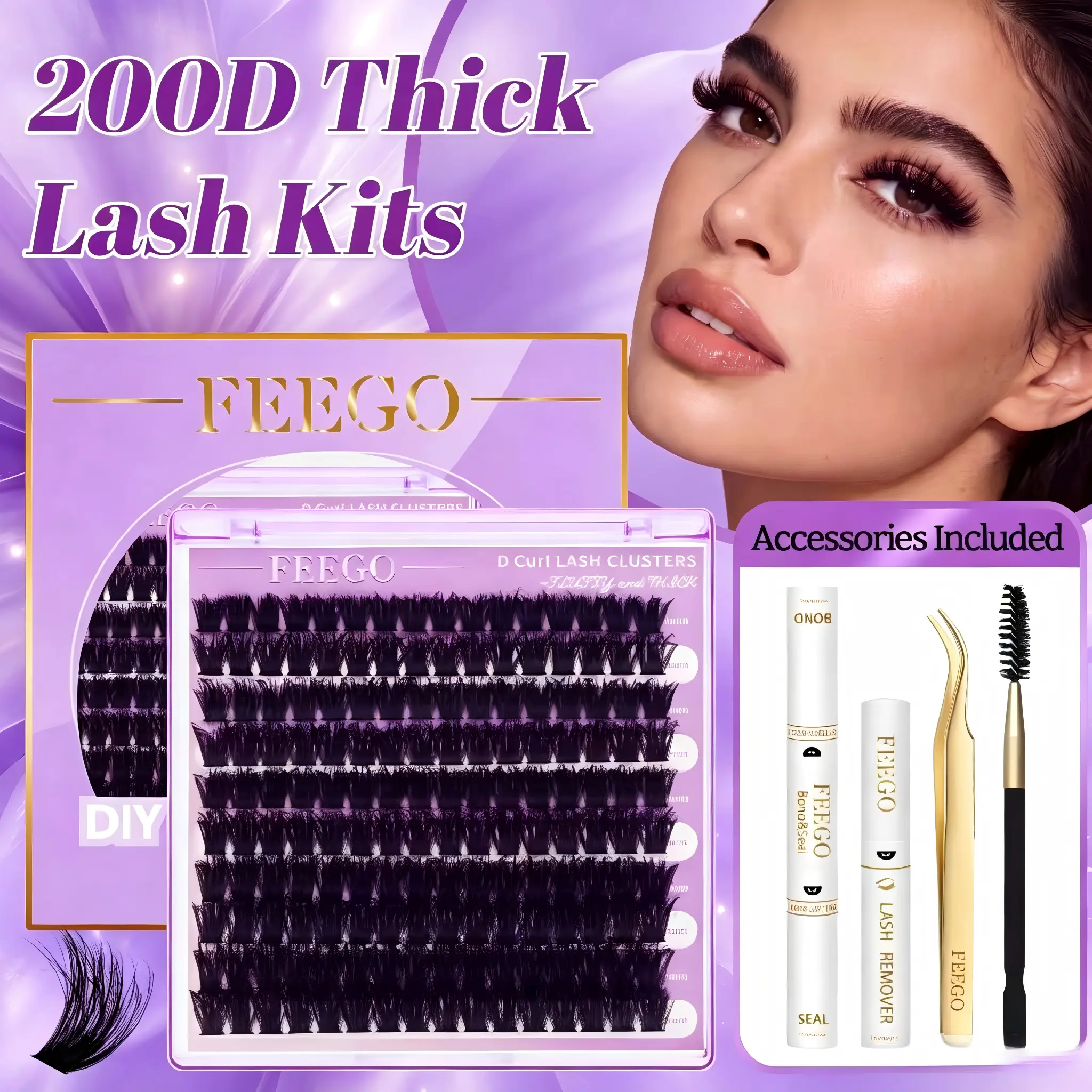 FEEGO 200D Volume Thick Lash Extension Kit Thick Eyelash Extension Kit 10-20mm Lash Clusters Individual Eyelashes Kit With Lash Bond and Seal D Curl Cluster Eyelash