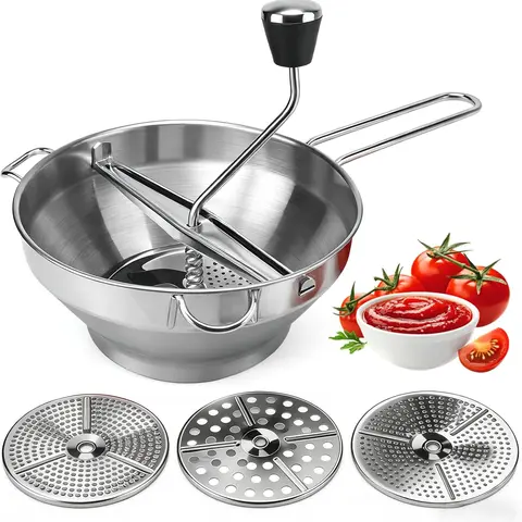Stainless Steel Food Mill Kitchenware - 3 Interchangeable Milling Discs, Ergonomic Design Rotary Crank Utensil, Easy Clean & Assemble for Fruit/Vegetable Prep, Canning Strawberry Masher