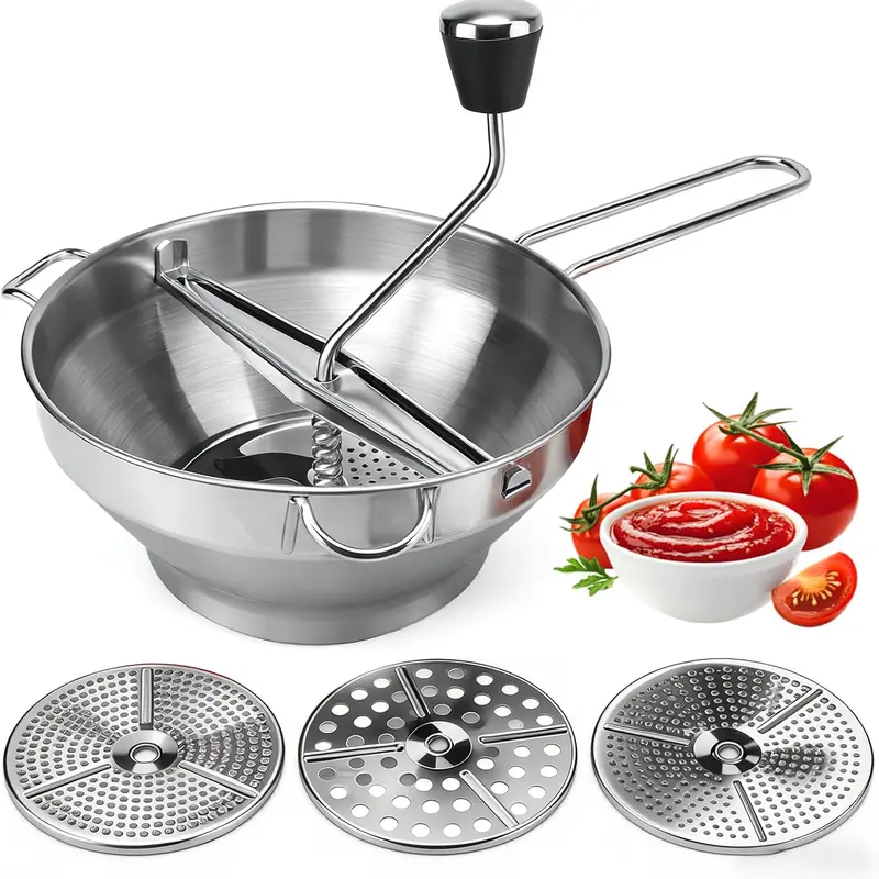 Stainless Steel Food Mill Kitchenware - 3 Interchangeable Milling Discs, Ergonomic Design Rotary Crank Utensil, Easy Clean & Assemble for Fruit/Vegetable Prep, Canning Strawberry Masher