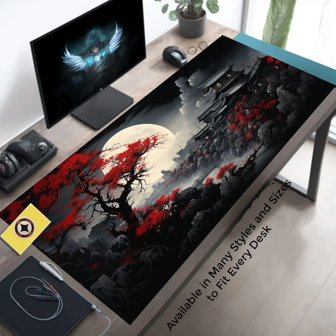 Riverside Japan Full Moon in Black and Red, Long Mouse Pad, Extra Large Mousepad, Gaming Desk Mat, Japanese Desk Pad