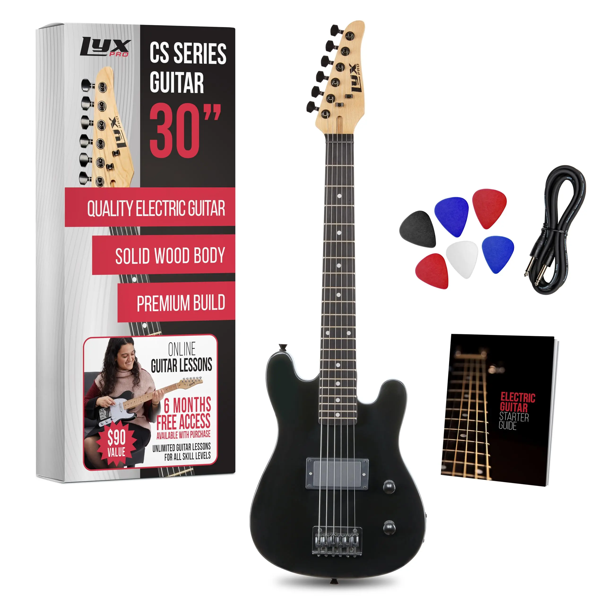 LyxPro CS 30" Electric Guitar Kit for Beginners Intermediate & Pro Players with Solid Wood Body 5-Way Pickup Amp Cable 6 Picks & Learner's Guide Black