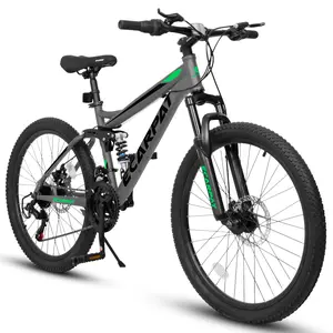 【Bellemave】Mountain Bike 24 Inch Wheels, 21-Speed Full Suspension Mens Womens Trail Commuter City Mountain Bike, High Carbon Steel Frame Disc Brakes Grip Shifter Front Fork Rear Shock Absorber Bicycles