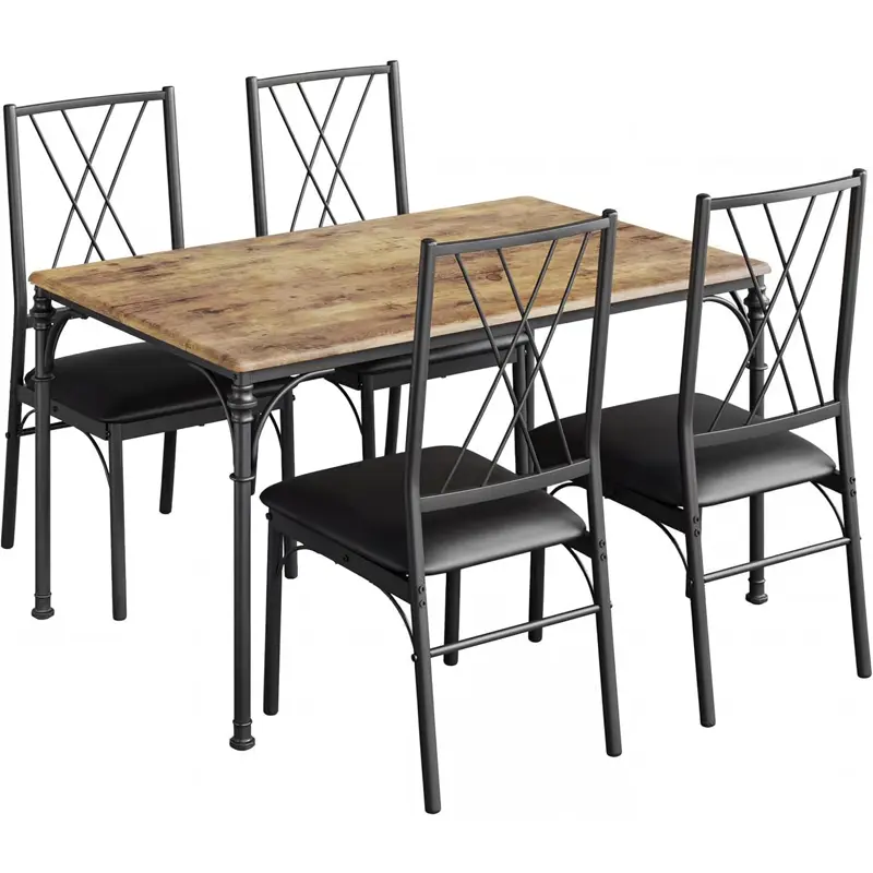 5-Piece Space-Saving Dining Table Set– Modern Metal & Wood Table and 4 Chairs – Compact Dinette for Dining Room, Apartments, Breakfast Nooks