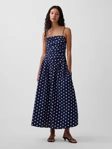 Poplin Drop-Waist Maxi Dress Color Navy Blue Dots