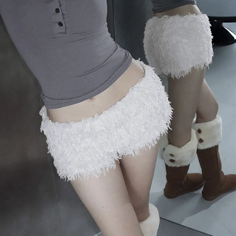 Snow White Fleece Warm Low Waist Casual Home Pants Christmas Age-Reducing Personality Slim Mini Shorts