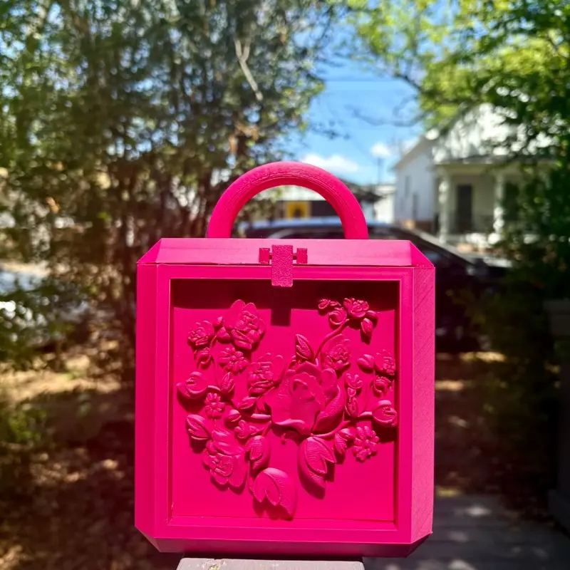 Plum 3D Printed Floral Handbag - Mini Sculptural Purse (5x4x7 in) - Elegant Statement Accessory in Pink with Floral Design