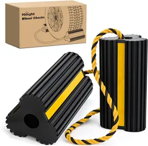 Nilight Durable Rubber Wheel Chocks, 2 Pack Chocks with Nylon Rope & Yellow Reflective Strips, Stabilizer Tire Stopper Accessory for RVs, Trailers, Easy to Transport and Store for Campgrounds Parking