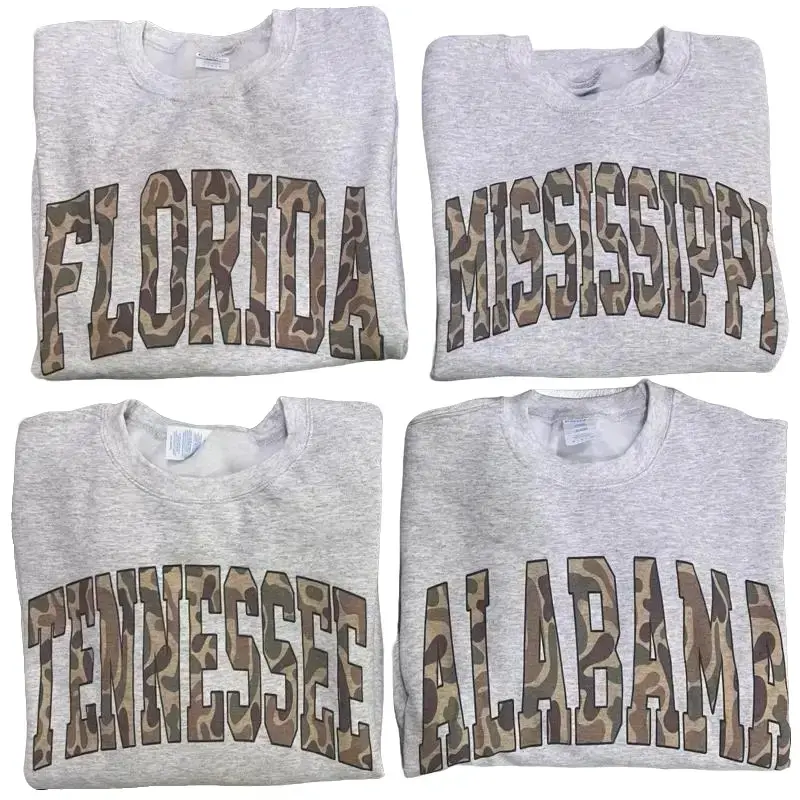 Vintage Camo State Sweatshirt Duck Camo State College Varsity Name Pullover Camouflage Sweatshirt ASH GREY COLOR Shirt Varsity Unisex Sweatshirt Casual Comfortable Fall Varsity Pullover Women's Fashion Menswear