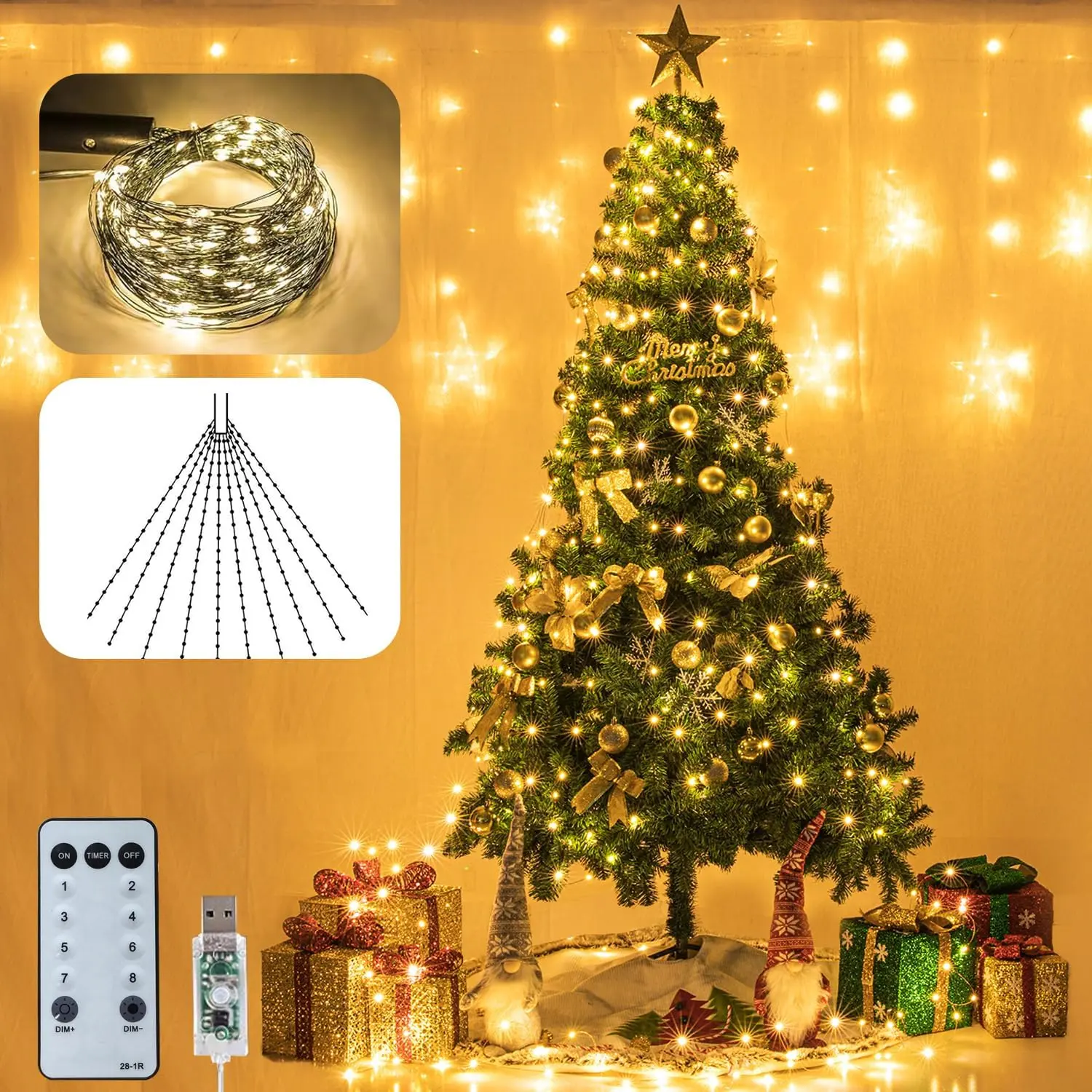 6.6FT 200 LED Christmas Tree Lights LED Cascading Twinkle Lights | Christmas Tree Lights LED 8 Modes Remote Control Fairy Lights USB Powered for Tree Wedding Party Home Christmas Decoration