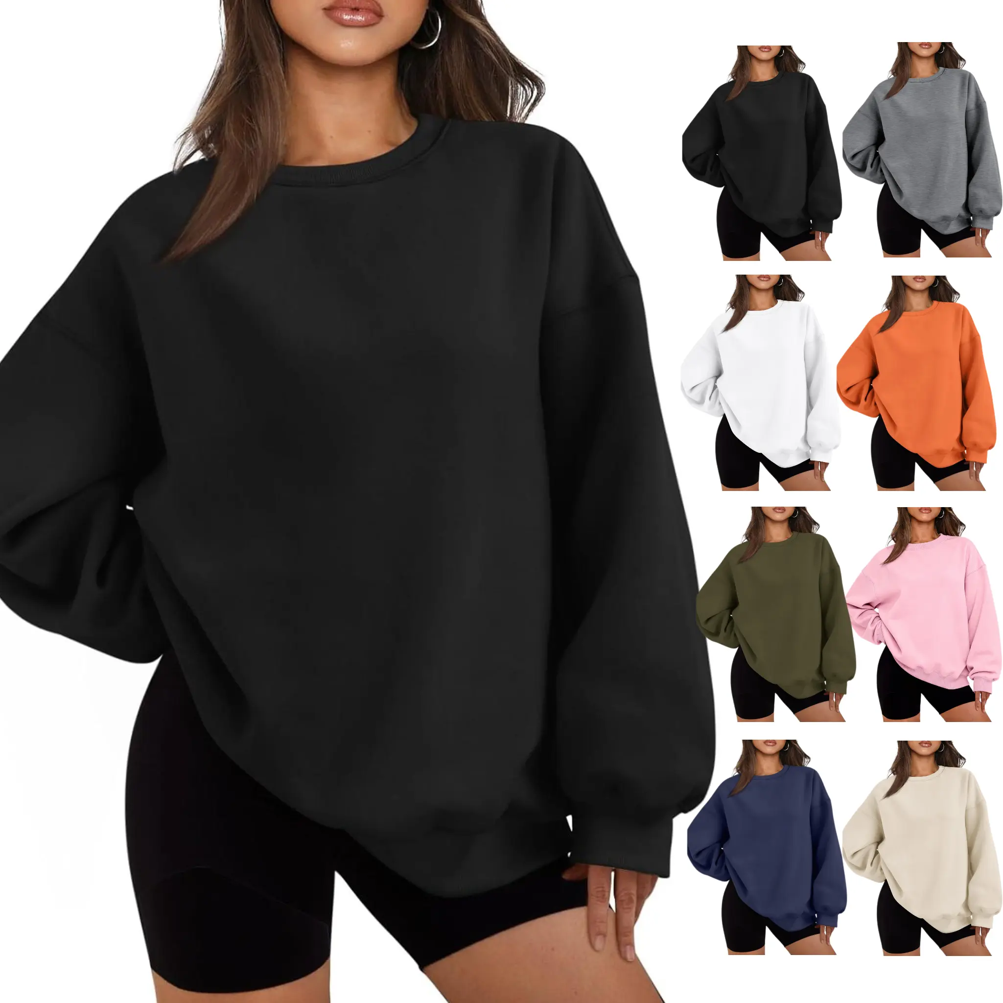 Women's Oversized Fleece Sweatshirt, Vintage Solid Long Sleeve Pullover, Casual Round Neck Top for Everyday Fall Style, Lady, Longsleeves, Cute, Fashion Apparel, Lazy Outfit, Long Length, Cotton Blend, Clothes, Wardrobe Staples, Vintage Cute