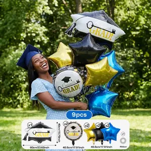 Graduation Party Decoration Balloons Set, 4 Colors, Grad Cap Shape Foil Balloons, Happy Graduation Decorations, 18 Inch Star Shaped Balloons