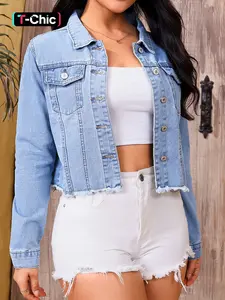 Women's Plain Fitted Button Front Long Sleeve Light Wash Denim Jacket, Coats, Womenswear, Outerwear, Casual Pocket Design Collar Jacket for Daily Wear, Ladies Clothes for All Seasons