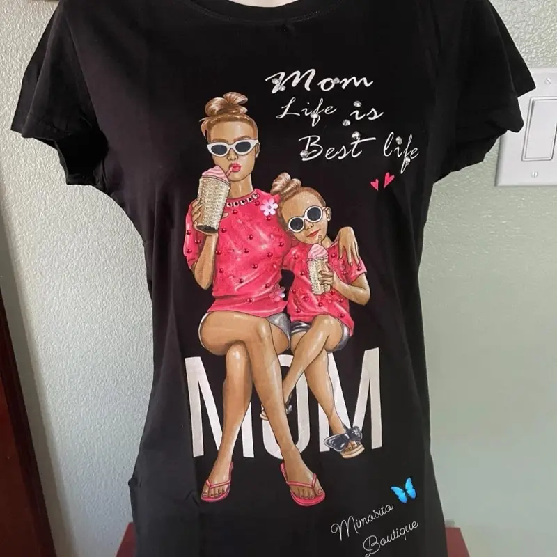 Vinizbena Mom & Daughter Rhinestones Cotton T-Shirt Top