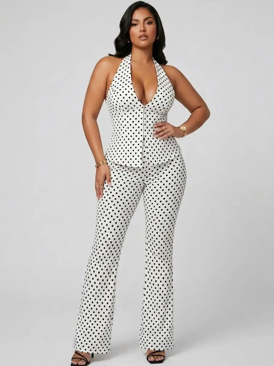 Sculpt Touch Polka Dot Halter Top & Flare Pants Set for Women Deep V Waist Snatching Two Piece Outfit Vintage Slim Fit Matching Set